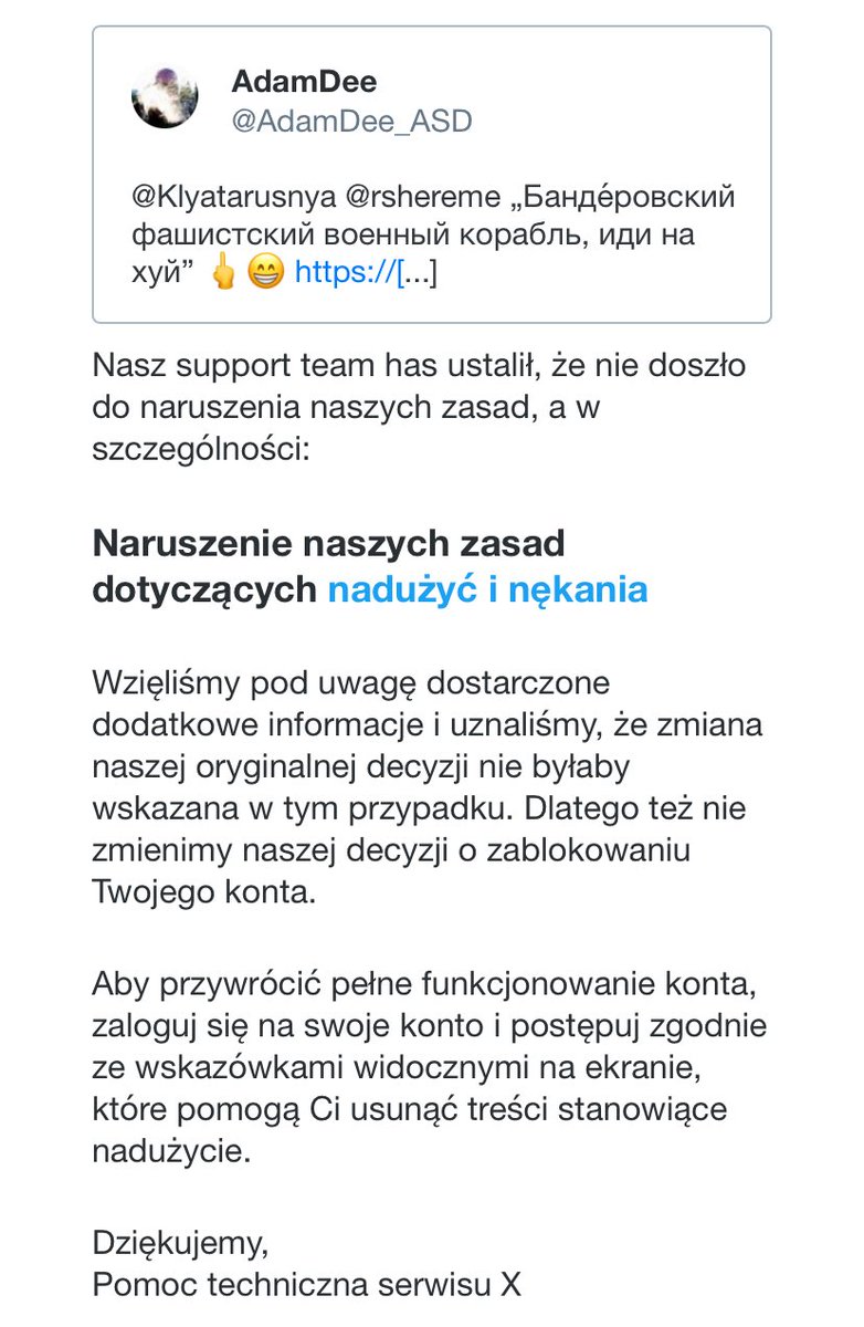 AdamdeePl's tweet photo. #jprdl „support team has ustalił, że nie doszło do naruszenia naszych zasad”
„Wzięliśmy pod uwagę dostarczone dodatkowe informacje i uznaliśmy, że zmiana naszej oryginalnej decyzji nie byłaby wskazana w tym przypadku. Dlatego też nie zmienimy naszej decyzji o zablokowaniu” 🤦♂️ https://t.co/tM5xaEkZ7f