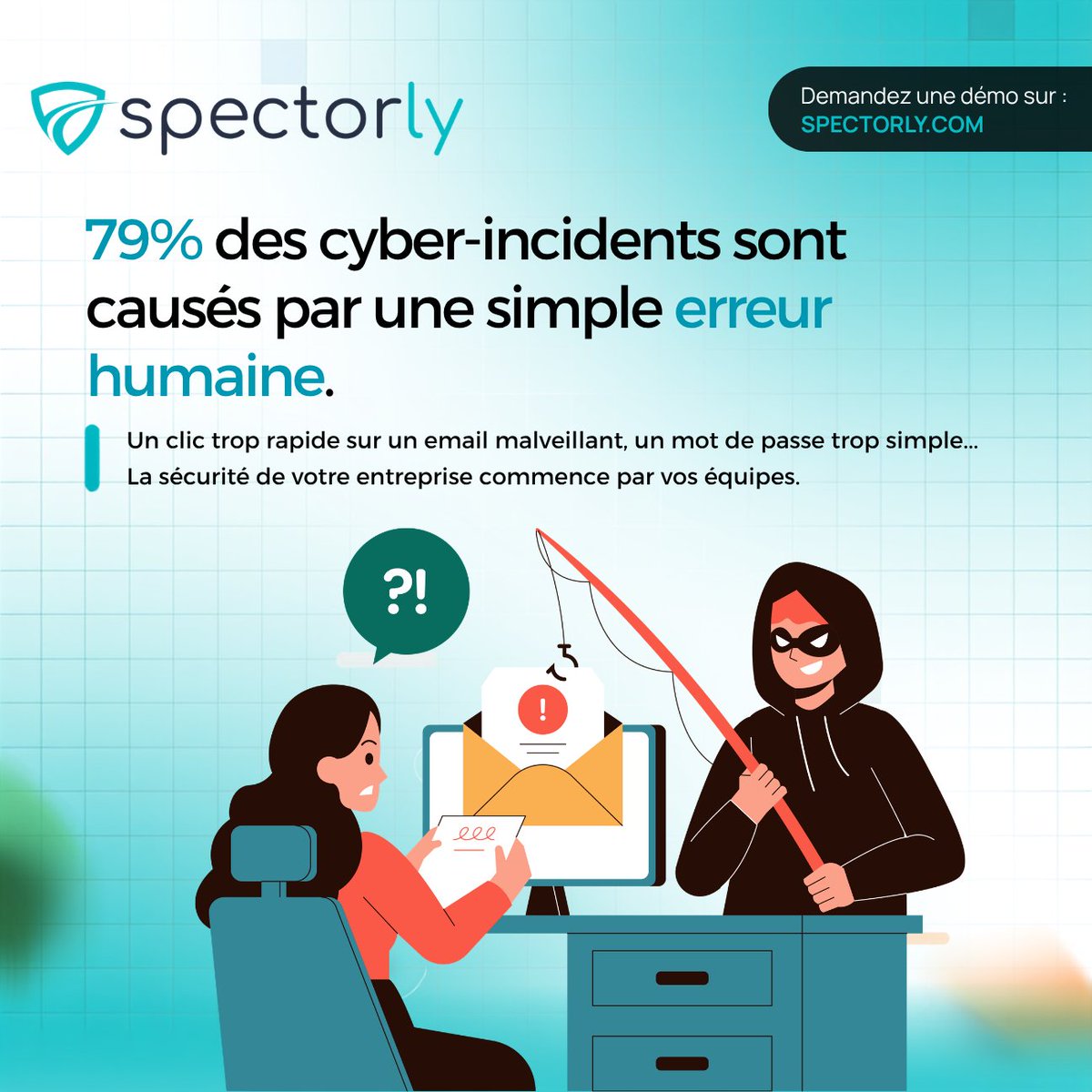 Cyber_Spector's tweet photo. 79 % des cyberattaques ne percent pas un firewall. Elles exploitent un clic de trop. La meilleure technologie de sécurité reste un collaborateur averti. La sensibilisation régulière multiplie par 4 les signalements de phishing.Transformez vos équipes en #HumanFirewall https://t.co/kqD7CN8clb