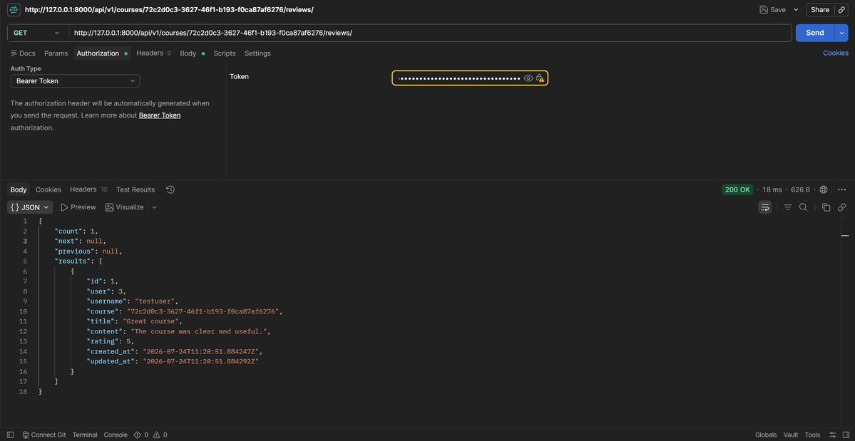 acharyautsab7's tweet photo. #LSPPDay54

Continued building the Learning Platform API.

Built the review system with ratings, validation, owner-only updates, average course ratings and optimized queries.

GitHub Repo: https://t.co/ZkcvcsaJmh

@lftechnology
#60DaysOfLearning2026 #LearningWithLeapfrog https://t.co/eTsgqUStXq
