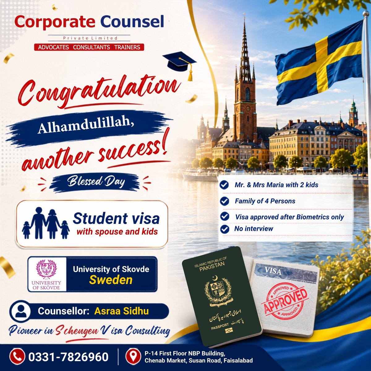 Corporatefsd's tweet photo. 🇸🇪 Another Sweden Study Visa Success!
Congratulations to Mr. &amp; Mrs. Maria &amp; Family on their Sweden Student Visa approval. 🎉
✅ No Interview
💰 Budget: Starting from PKR 25 Lac
Ready to study in Sweden?
#StudyInSweden #UniversityOfSkovde #SwedenVisa #StudentVisa #StudyAbroad https://t.co/TDrRdJLG7I