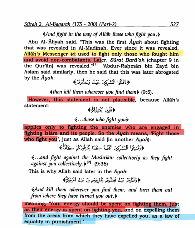KEmbambe's tweet photo. Pathetic liar. Ibn Kathir starts with the title "Fighting Those Who Fight You." Then he writes exactly what you can see in this screenshot: only fight those who fight the Muslims. And verses 109:6 and 2:256 aren't even abrogated. Also read 60:8 https://t.co/qvlq7K0lDM