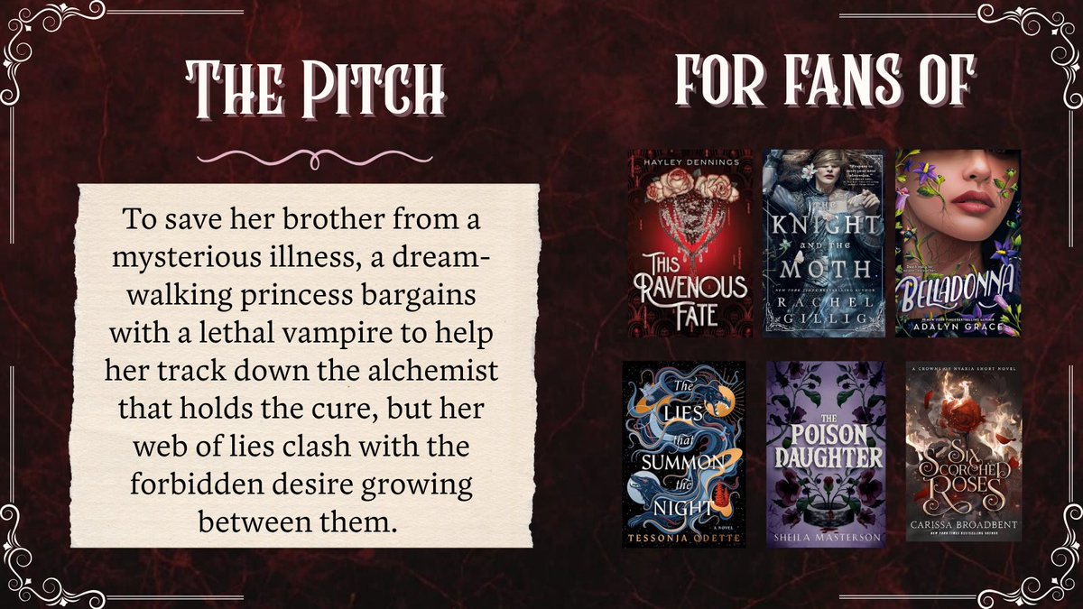 allisonhopedeyo's tweet photo. I present to you, 
THE SCARLET OATH. 
🥀🖤🌙🦇
Full of dark secrets, steamy romance, gothic botanical vibes, and a princess that will sacrifice everything for her little brother. 
#questpit #a #f #wip #w #amqueryingsoon #debutnovel #litagents https://t.co/b3pn80IhRC