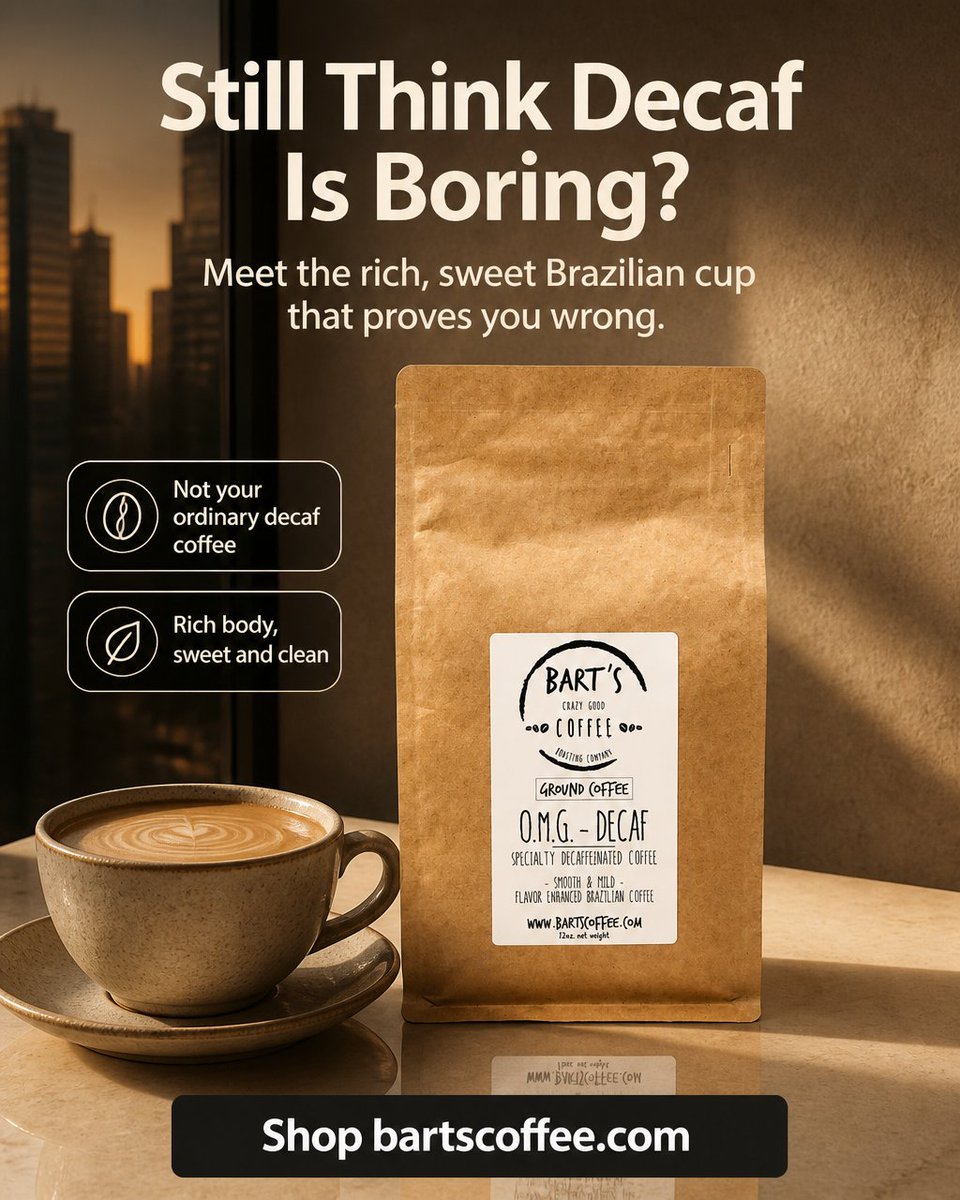 BartsCoffee's tweet photo. Decaf that still knows how to gossip — smooth, suspiciously awake, zero buzz. Perfect for pretending you care about sleep while sipping stealthy joy. ☕️😏 #Decaf #CoffeeLovers Tap the link in bio. https://t.co/CJjtFtJ0x3