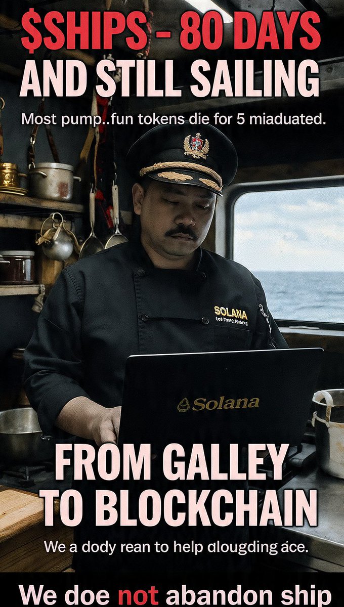 SHIPS_SOL's tweet photo. 80 DAYS. STILL SAILING. ⛵

Most tokens die in 5 mins. 
$SHIPS graduated.

I'm Carl Amahan. 
 OFW Chief Cook. 
Built this on ship WiFi, after galley shift.

No team. 0% tax. Renounced.
I CANNOT RUG YOU.

For 10M OFWs worldwide.
From Galley to Blockchain.

WE DO NOT ABANDON SHIP https://t.co/OJjWfiXMxo