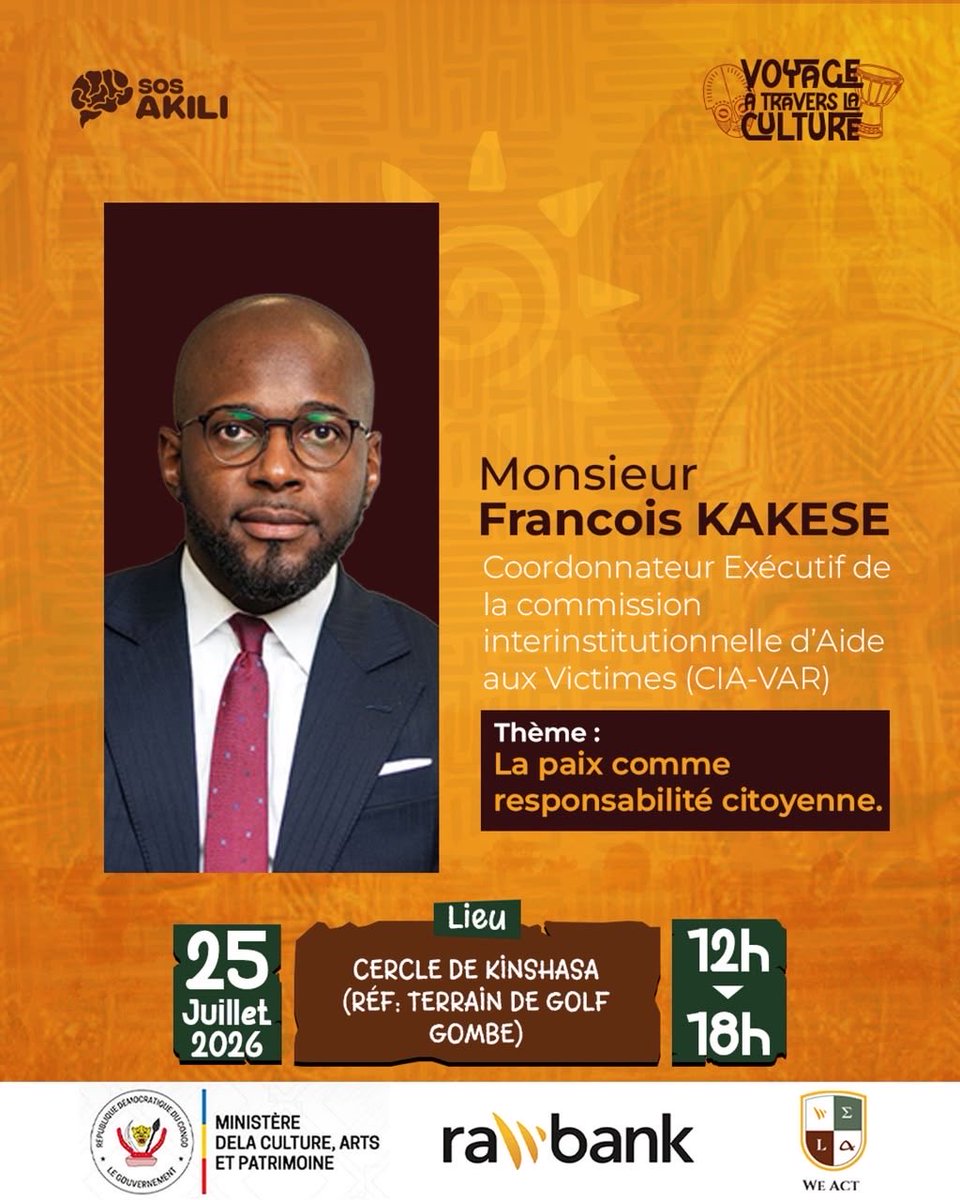 SOS_AKILI's tweet photo. Monsieur Isaac BULELI nous montrera comment faire de notre héritage un guide pour demain.
Monsieur François KAKESE nous invitera à repenser le rôle de chacun dans la construction d’une paix durable.
Rendez-vous ce 25 juillet !
#Culture #RDC https://t.co/wBDsysdQTu