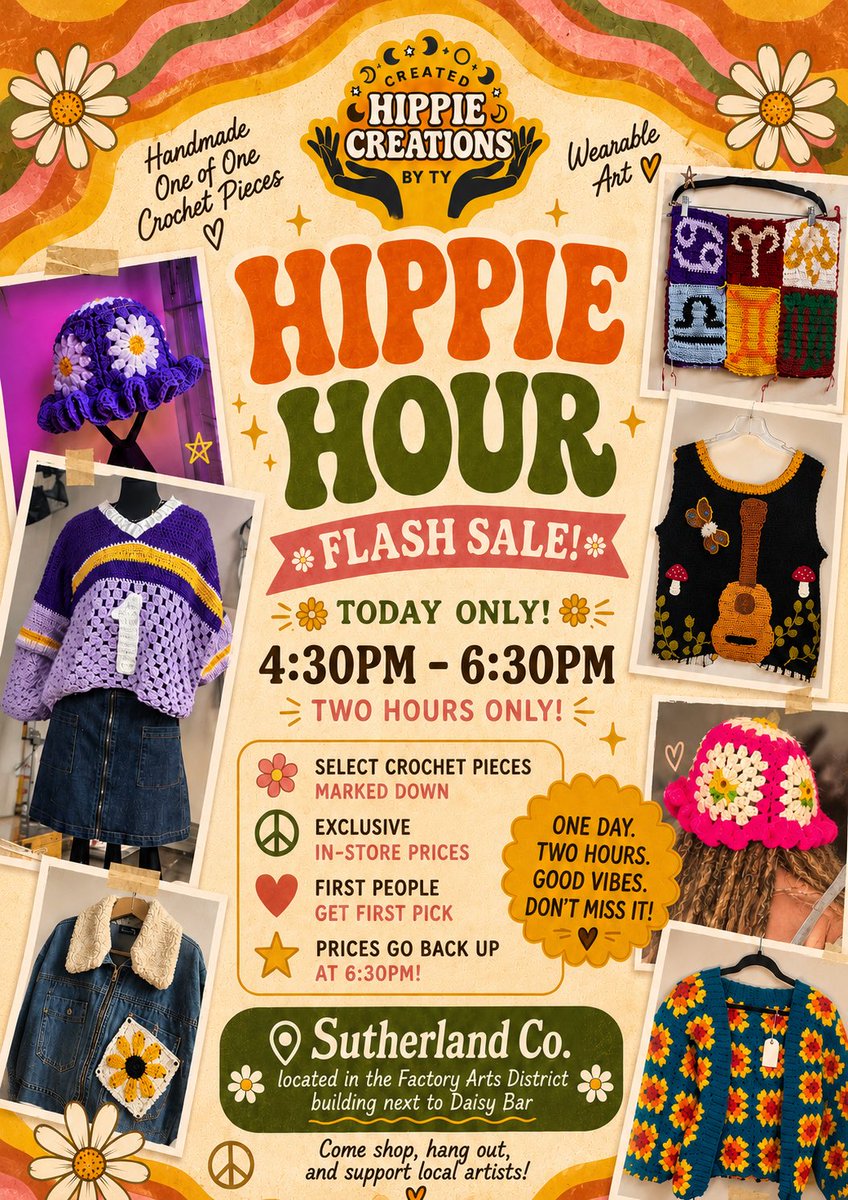 TyMckenzie15's tweet photo. 🌼 I wanted to make shopping handmade a little more fun… so I’m introducing Hippie Hour!

Come say hi, browse around, and support local art.

🕟 4:30–6:30 PM
📍Sutherland Co. (Factory Arts District, next to Daisy Bar)

See you later! ☀️🌻 https://t.co/fUHVOsN1Ag