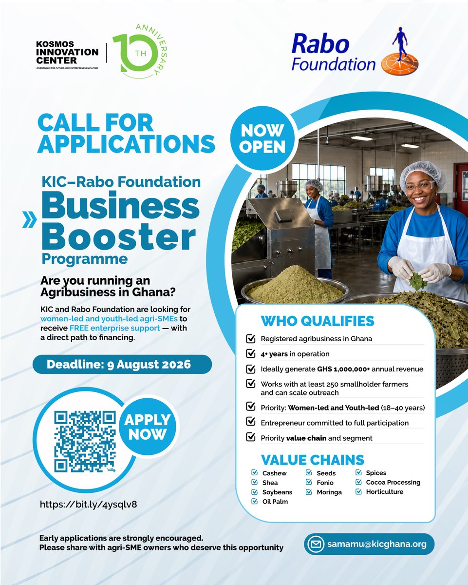 kicghana's tweet photo. Applications are OPEN for the KIC–Rabo Foundation Business Booster Program!

🗓️ Apply by 9 August 2026: https://t.co/0apuARdn8t

Program FAQs can be accessed here: https://t.co/OGcwLmY1hm

#KICGhana #Agribusiness #BusinessBooster https://t.co/dSgwRnxXfQ