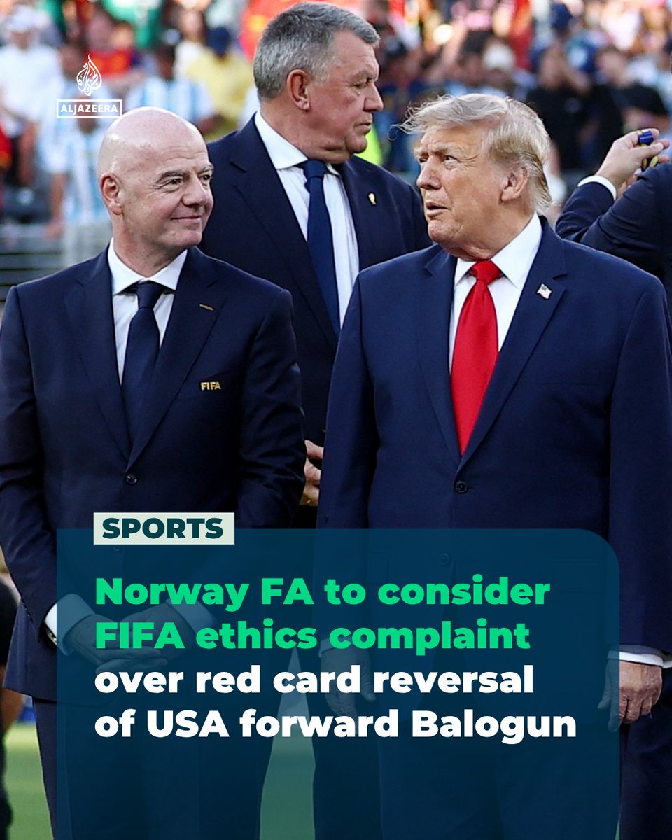 AJE_Sport's tweet photo. Norway's football association (NFF) will consider making an ethics complaint to FIFA over the decision to suspend a ban imposed on #USMNT forward Folarin Balogun at the World Cup after an intervention by President Donald Trump, an NFF spokesperson told Reuters.

#FIFAWorldCup https://t.co/oX4erxINsa