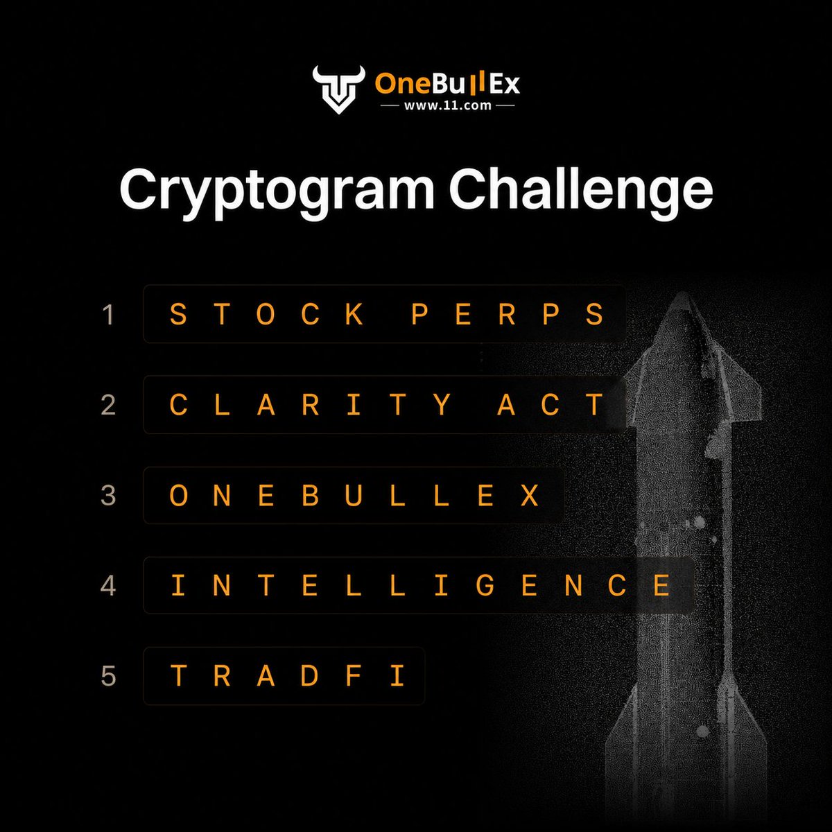 H0dl_BTC's tweet photo. @One_BullEx @OneBullExBrasil Thanks for the chance @One_BullEx
My Answer: ๐
1. STOCK PERPS
2. CLARITY ACT
3. ONEBULLEX
4. INTELLIGENCE
5. TRADFI
@nftygems @Jonatan9902 @navin252
#OneBullEx #Giveaway #OBEXStock https://t.co/OXe4PQjjc8