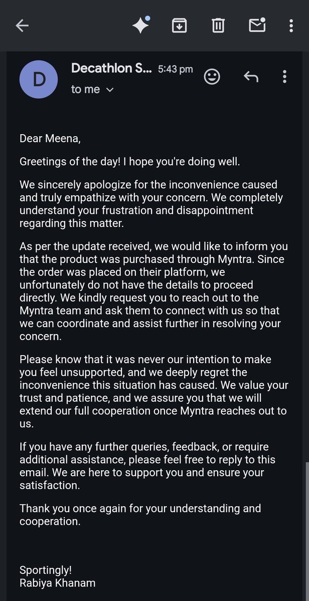 devv_meena's tweet photo. @MyntraSupport @Myntra @myntrasupport Reach out to the seller decathlon 
They are ready to assist you but you are intentionally not contacting them bcos they will tell you approve the return. 
They are asking you to connect to them for the 3rd time still you are not connecting with the seller. https://t.co/nDbHHulkry