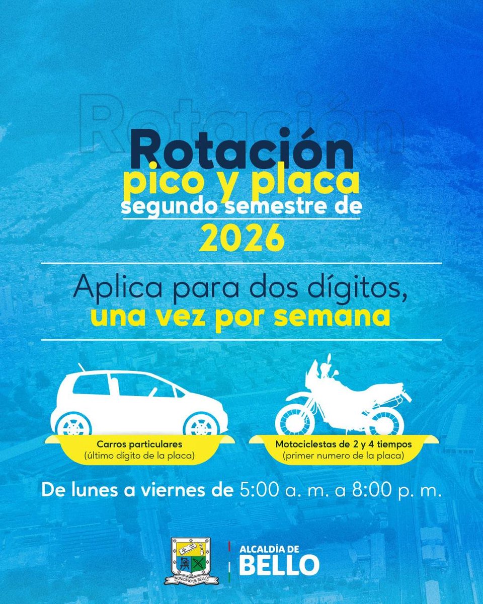 AlcaldiadeBello's tweet photo. 🚗 Conoce la nueva rotación del Pico y Placa.

La medida entrará en vigencia a partir del 3 de agosto y tendrá un periodo pedagógico hasta el 6 de agosto. 

⚠️ Las sanciones comenzarán a aplicarse desde el 10 de agosto, por eso te invitamos a consultar la nueva rotación. https://t.co/0Dtxg2ddfP