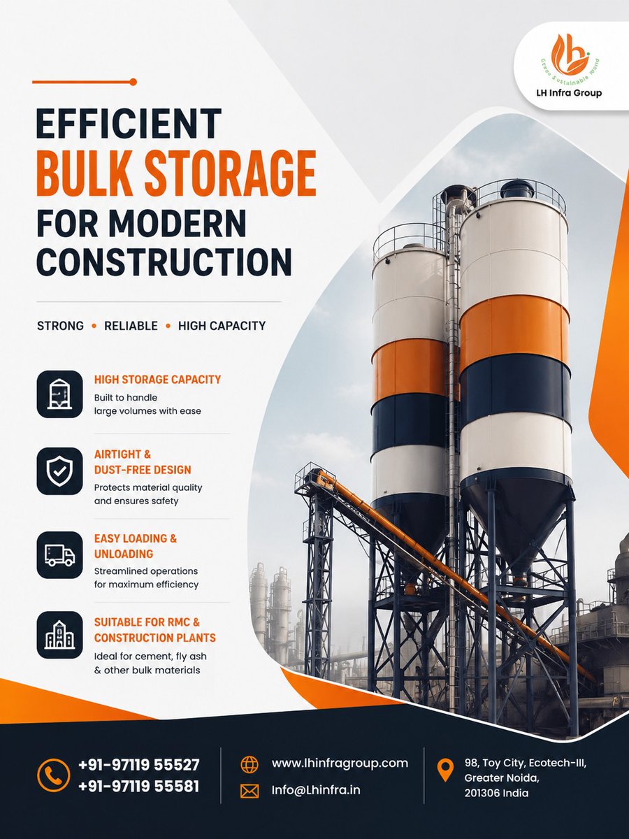 InfraconLh97602's tweet photo. Maximize efficiency with LH Infra Group Bulk Storage Silos—engineered for safe, high-capacity storage of cement, fly ash, and other bulk materials.
#LHInfraGroup #BulkStorage #StorageSilos #CementSilo #FlyAshSilo #ConstructionEquipment #RMCSolutions #Infrastructure #Material https://t.co/vu76T6GAiD