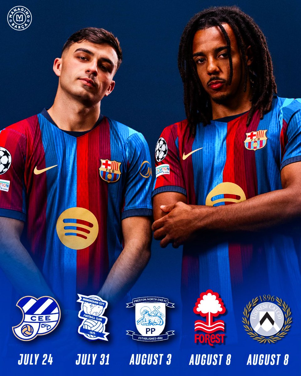 ManagingBarca's tweet photo. 🚨🔵🔴 𝐈𝐓’𝐒 𝐓𝐈𝐌𝐄: FC Barcelona’s 2026/27 season officially BEGINS today. 🤩🏟️

Hansi Flick’s Barça are back in action with a packed pre-season before the road to La Liga, the Champions League and every major trophy begins. 🏆

🗓️ 24 Jul — CE Europa 🇪🇸
🗓️ 31 Jul — Birmingham City 🏴󠁧󠁢󠁥󠁮󠁧󠁿
🗓️ 3 Aug — Preston North End 🏴󠁧󠁢󠁥󠁮󠁧󠁿
🗓️ 8 Aug — Nottingham Forest 🌳
🗓️ 8 Aug — Udinese 🇮🇹
🗓️ 19 Aug — Al Ahly 🇪🇬 (Gamper Trophy)
🗓️ 23 Aug — Elche 🇪🇸 (La Liga)
🗓️ 27 Aug — Athletic Club 🏟️

The journey starts NOW. 🍿🔥