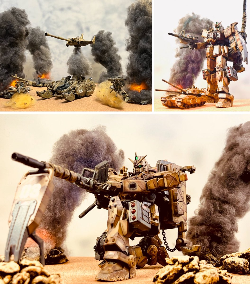 onoribase's tweet photo. #あなたのジオラマ作品見せて 
コルクシートにバークチップ製の岩と綿の爆煙のみで都度レイアウト変えて撮影🎶 https://t.co/wdY2LKPBmR