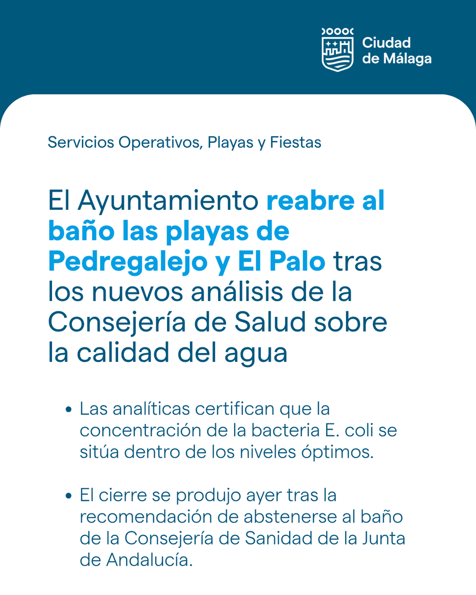 malaga's tweet photo. El Ayuntamiento reabre al baño las playas de Pedregalejo y El Palo tras los nuevos análisis de la Consejería de Salud sobre la calidad del agua. Más información 👉 https://t.co/LPoD6ztygv https://t.co/J2EHAo4KEI