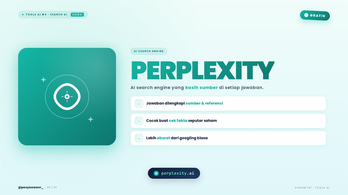 pasyaawanr_'s tweet photo. KEEMPAT: PERPLEXITY AI.

INI AI YANG PALING JAGO BUAT RISET BERBASIS DATA TERBARU.
→ JAWABAN DILENGKAPI SUMBER &amp; REFERENSI
→ COCOK BUAT CEK FAKTA SEPUTAR SAHAM
→ HASILNYA LEBIH AKURAT DARI GOOGLING BIASA
GRATIS, LANGSUNG BISA DIPAKE DI https://t.co/xEFz9xQdju https://t.co/EyzQqK9RTU