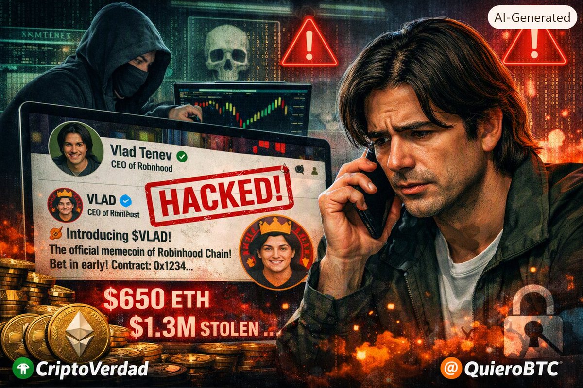 OtroEconomista's tweet photo. #Noticias 🗞️ | #CriptoVerdad
El 23 de julio de 2026, la cuenta de X del CEO de Robinhood, Vlad Tenev, fue hackeada y utilizada para promocionar una memecoin fraudulenta llamada Vladhood ($VLAD), presentada falsamente como la “mascota oficial” de Robinhood Chain. https://t.co/2ksGXtwfgL