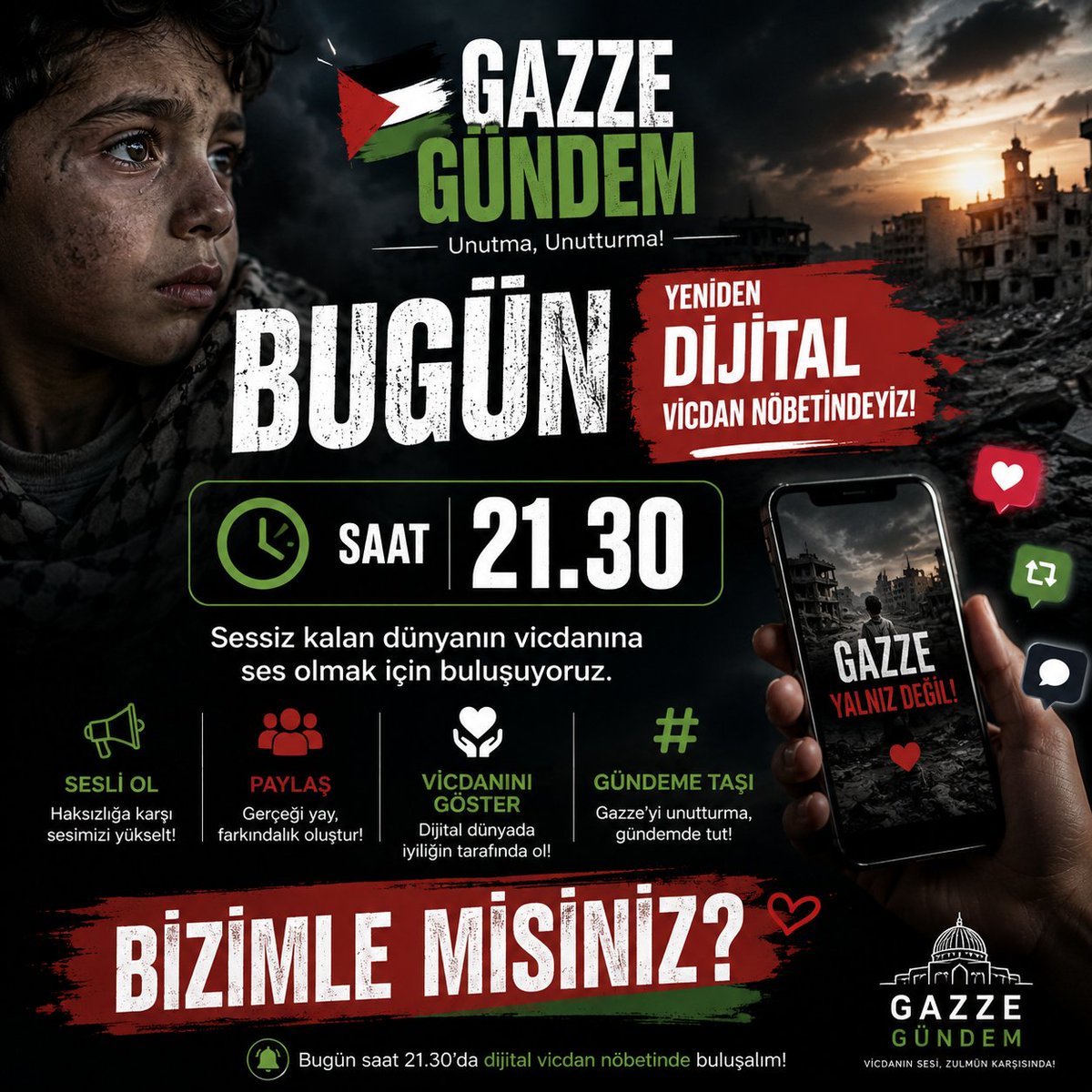 Ferdi_Karabasan's tweet photo. 🚨 Gazze Gündem'de bu akşam dijital vicdan nöbeti!

Sessiz kalan dünyanın vicdanına ses olmak için bugün saat 21.30'da yeniden dijital meydanlardayız.

Bir paylaşımın, bir sesin, bir vicdan çağrısının bile anlam taşıdığı bu nöbette, Gazze'nin unutulmaması için hep birlikte omuz omuza olacağız.

🕘 Saat 21.30'da Gazze Gündem dijital vicdan nöbetinde buluşuyoruz.

Siz de bizimle misiniz?