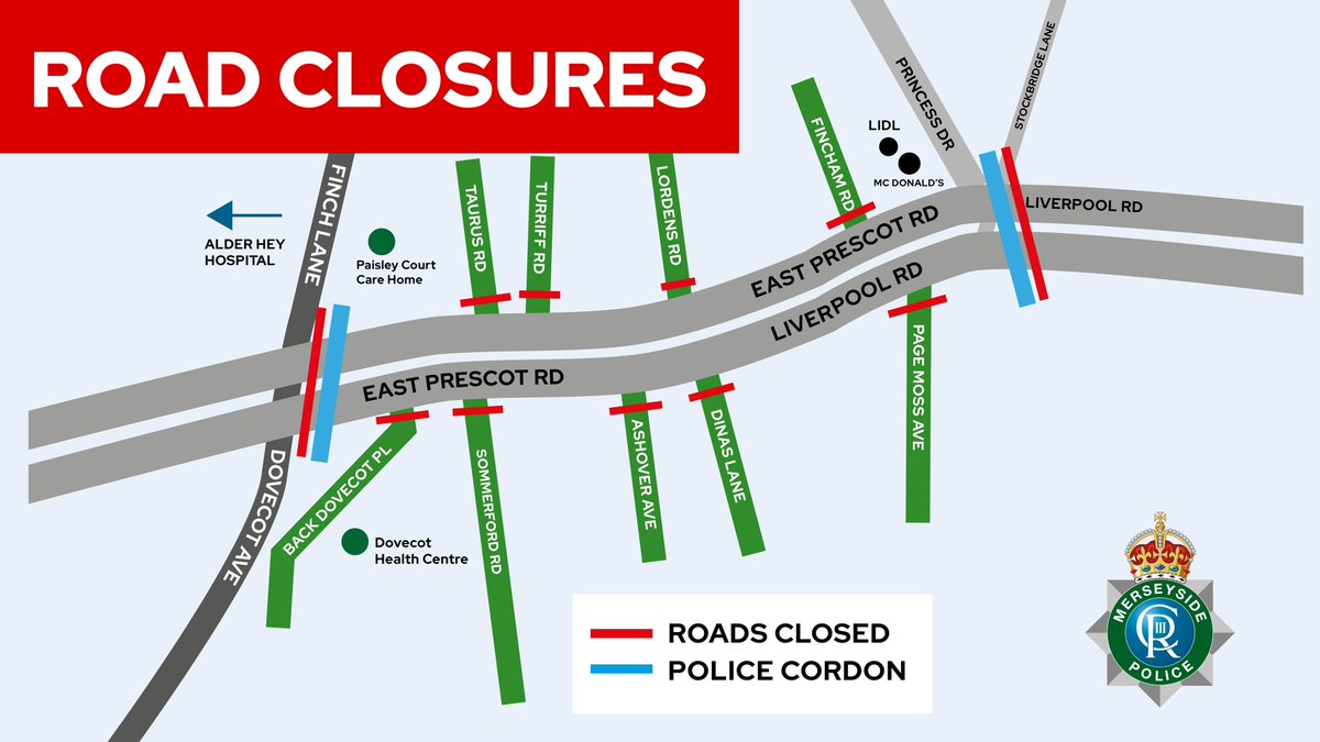 MerseyPolice's tweet photo. MAJOR INCIDENT | We are appealing for information following a fatal collision in Huyton where four people have sadly died earlier this morning (Friday 24 July).
Just before 2am we received a report that a black Seat Cupra had come off the road after colliding with a lamppost on Liverpool Road after travelling from Liverpool towards Knowsley.
Emergency services attended but two men aged 23 and two other men aged 24 and 26 were pronounced deceased at the scene. 
Due to the seriousness of this incident and the size of the collision area, there are significant road closures in place which will impact local residents, businesses and visitors to and through this area.
A restriction on drone use is also in place.
Please share this map and visit our website for more information. https://t.co/WDq20McD0p