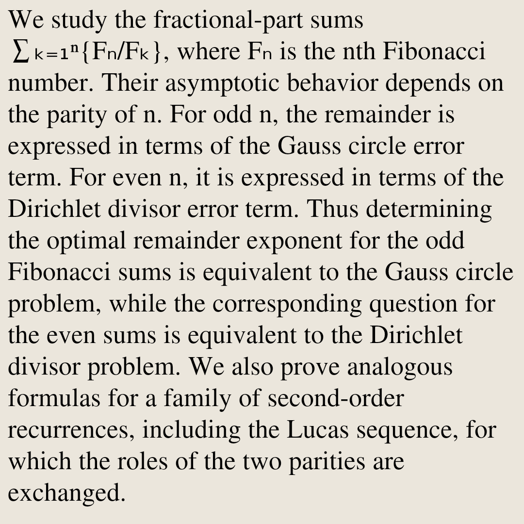 PQBW's tweet photo. Fibonacci, Dirichlet, and Gauss in a single sum

Benoit Cloitre
https://t.co/b8d1x3qjrb [𝚖𝚊𝚝𝚑.𝙽𝚃] https://t.co/nzjeyQuZiY