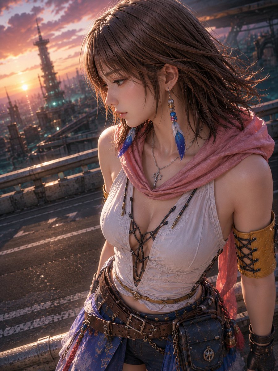 seven573's tweet photo. 🌆✨ Yuna｜ミッドガル高速道路

夕陽に染まる工業都市の高速道路で、クラシックな装いのYunaが力強く佇む。 鋼鉄とネオンが交錯する街の中で、召喚士の旅はまだ続いていく✨

#Yuna #ユウナ #FinalFantasy #Midgar #ミッドガル #CyberpunkCity #AIart #美少女 https://t.co/ytjtFsCpEe
