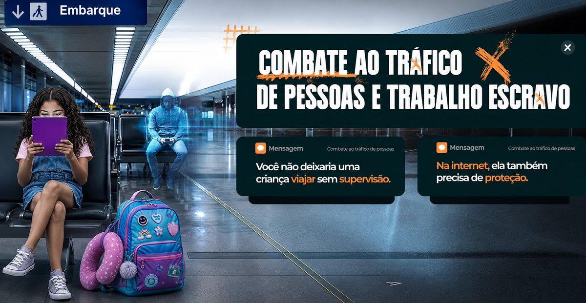 TST_Oficial's tweet photo. A Justiça do Trabalho apoia a campanha "O tráfico de pessoas é real", promovida pela Anac e pelo Ministério Público do Trabalho (MPT), que alerta para os riscos do aliciamento de crianças e adolescentes pela internet. A iniciativa busca conscientizar famílias, educadores e a sociedade sobre como redes sociais e outras plataformas podem ser usadas para atrair novas vítimas.

A campanha integra o projeto Liberdade no Ar, apoiado pelo TST e pelo CSJT desde 2022, e reforça a importância da prevenção, da informação e da proteção de crianças e adolescentes contra o tráfico de pessoas e o trabalho em condições análogas à escravidão.

Assista: https://t.co/dXAWMZHYcw