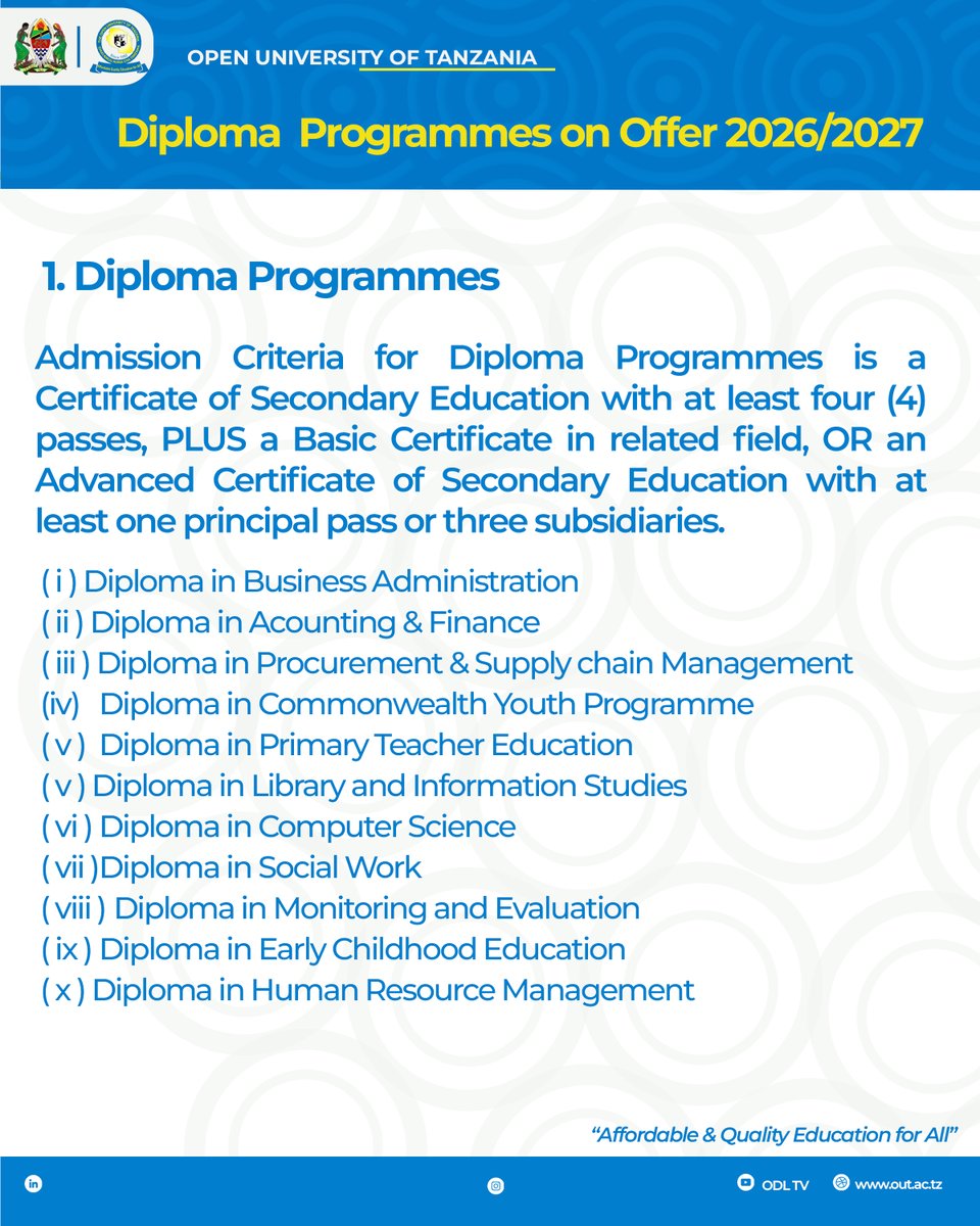 Open_univ_tz's tweet photo. Certificate and Diploma Programmes ON OFFER!

Don't miss your chance to earn a recognized qualification with the flexibility to study anytime, anywhere.

Apply now!

#affordablequalityeducationforall #elimuborananafuukwawote #ODL
#out #openandonline #studyanywhere https://t.co/Caz22w0j6r