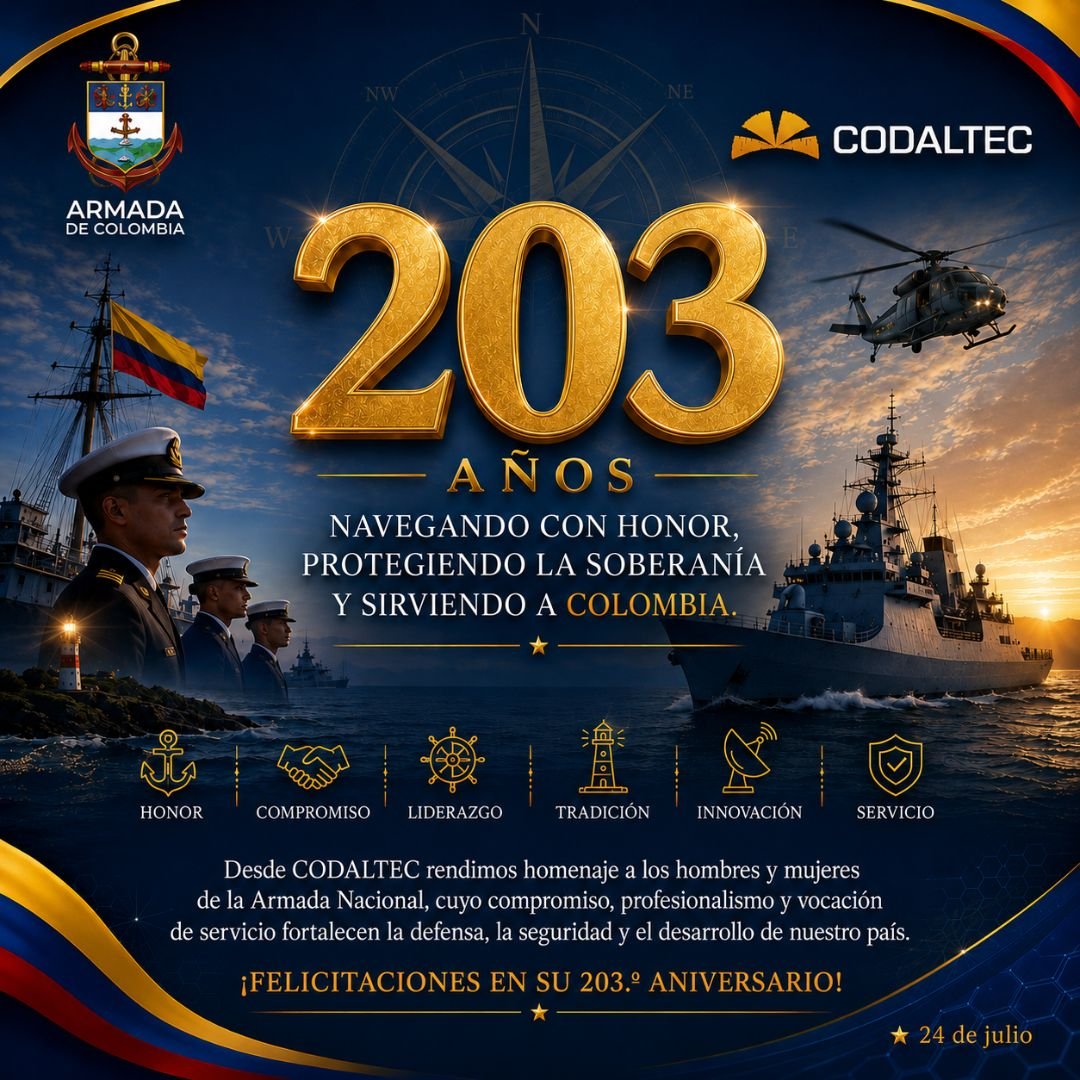Codaltec's tweet photo. ⚓ Desde @Codaltec rendimos homenaje a los hombres y mujeres de la @ArmadaColombia en su 203.º aniversario, conmemorando la histórica Batalla Naval del Lago de Maracaibo.

Reconocemos su honor, compromiso y vocación de servicio al país. 🇨🇴

¡Feliz Día de la Armada Nacional! https://t.co/pRWHjjHaeC