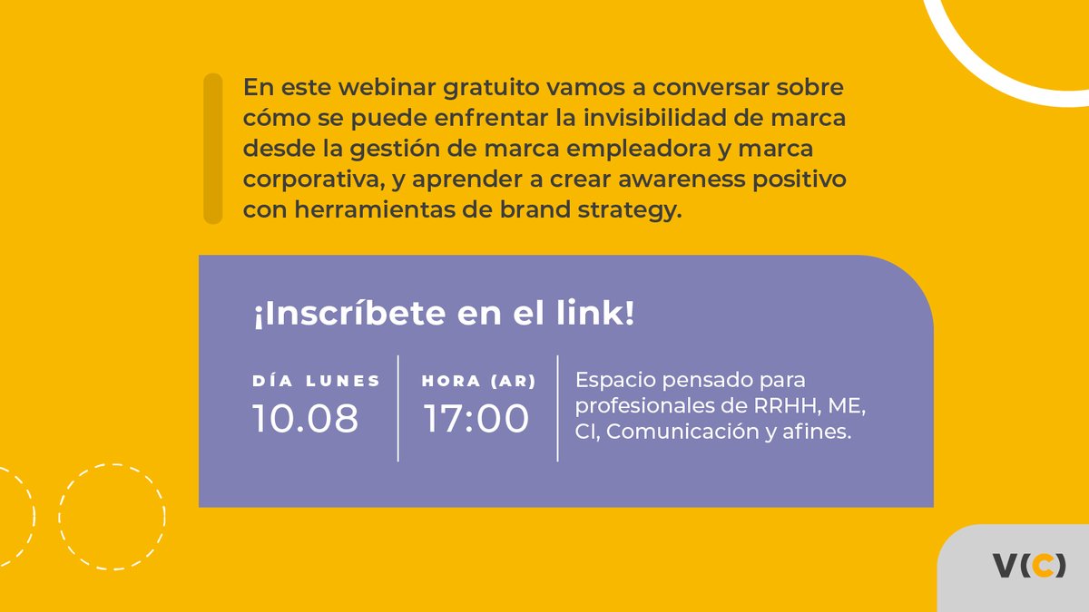 Vector_C_'s tweet photo. ¿Los candidatos no llegan y tus clientes no saben por qué elegirte? La razón está en tu marca. 

Súmate al webinar gratuito "Adentro y afuera: El problema que no se ve" y aprende a crear awareness positivo 🚀. 

Lun 10/08 - 17h (AR)

Inscripción: https://t.co/6KC7SfLx64 https://t.co/IIwVacioTp