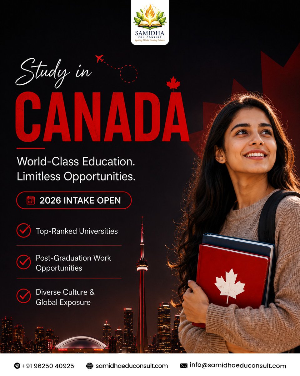 Samidhaedu's tweet photo. Ready to study in Canada?
Unlock world-class education, career opportunities, and a brighter future with Samidha Edu. Apply for the 2026 Intake today!

📞+91 96250 40925
🌐 https://t.co/24DWMt0hHs

#studyincanada #canadaeducation #studyabroad #samidhaedu #internationalstudents https://t.co/wYRkY0v33f
