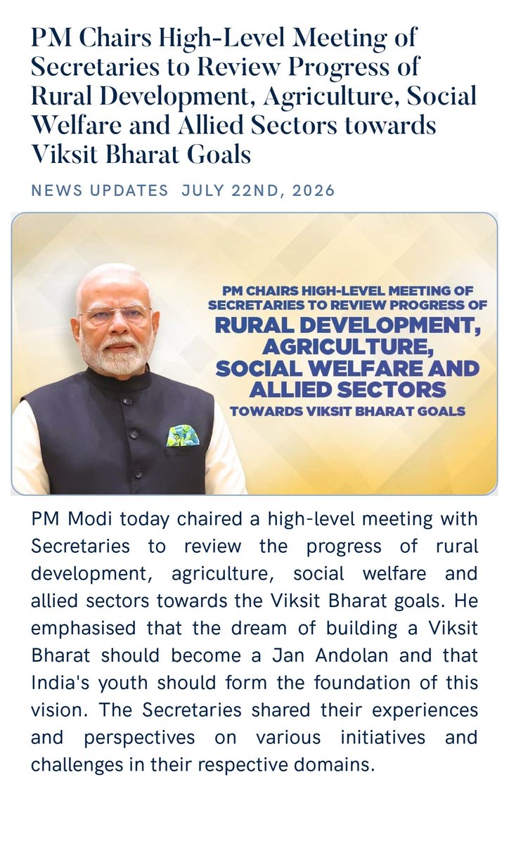 TaraUkd's tweet photo. PM Chairs High-Level Meeting of Secretaries to Review Progress of Rural Development, Agriculture, Social Welfare and Allied Sectors towards Viksit Bharat Goals
https://t.co/OuruPzyBN3 via NaMo App https://t.co/IgT47fvBbE