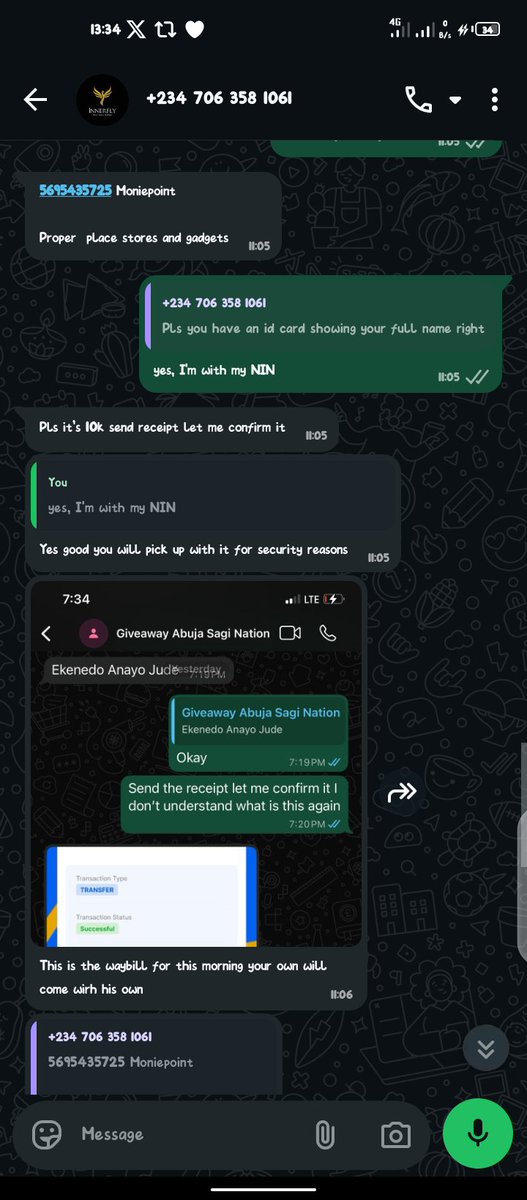 Pelumii100x's tweet photo. SCAM ALERT 🚨
Everyone, please be very careful!
This morning, an unknown number called me claiming I had won a gadget. They told me to message them on WhatsApp.
Once I did, they asked if I had an ID card showing my full name. I said yes, I have my NIN. They replied, “Good, you will use it to pick it up for security reasons.”
Then they demanded a ₦10,000 delivery fee from Abuja to Osun State and asked me to send the receipt so they could “confirm it.”
They even used my own tweet (“I need a phone or a laptop”) against me, and sent pictures of iPhones to make it look real.
I suspected something was wrong, so I quickly DM’d @AndyjnrUmaru to verify. He confirmed that his team never asks for money if they want to send something to someone.
This is a clear scam.