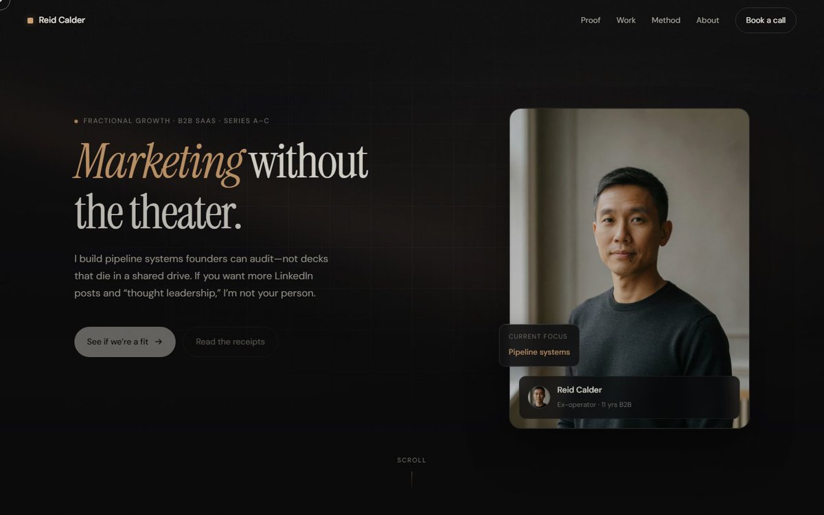 rohityin's tweet photo. I wanted to share a project I recently put built using Grok.

I gave the tool a prompt: "Build a freelance marketer site for skeptical B2B SaaS founders. No fluff, Full creative freedom."

Without using Figma or an agency, it generated a fully polished marketing site. Some of the highlights include:

  - A dark editorial design with a consistent AI portrait system
  - Proof metrics, case studies, an anti-pitch, and a fit checklist
  - Custom cursors, magnetic CTAs, scroll reveals, and real interactions
  - Copy written from an operator’s perspective rather than a standard growth brochure

It is a great example of what happens when you give the platform full creative freedom.

Built with @xai @grok