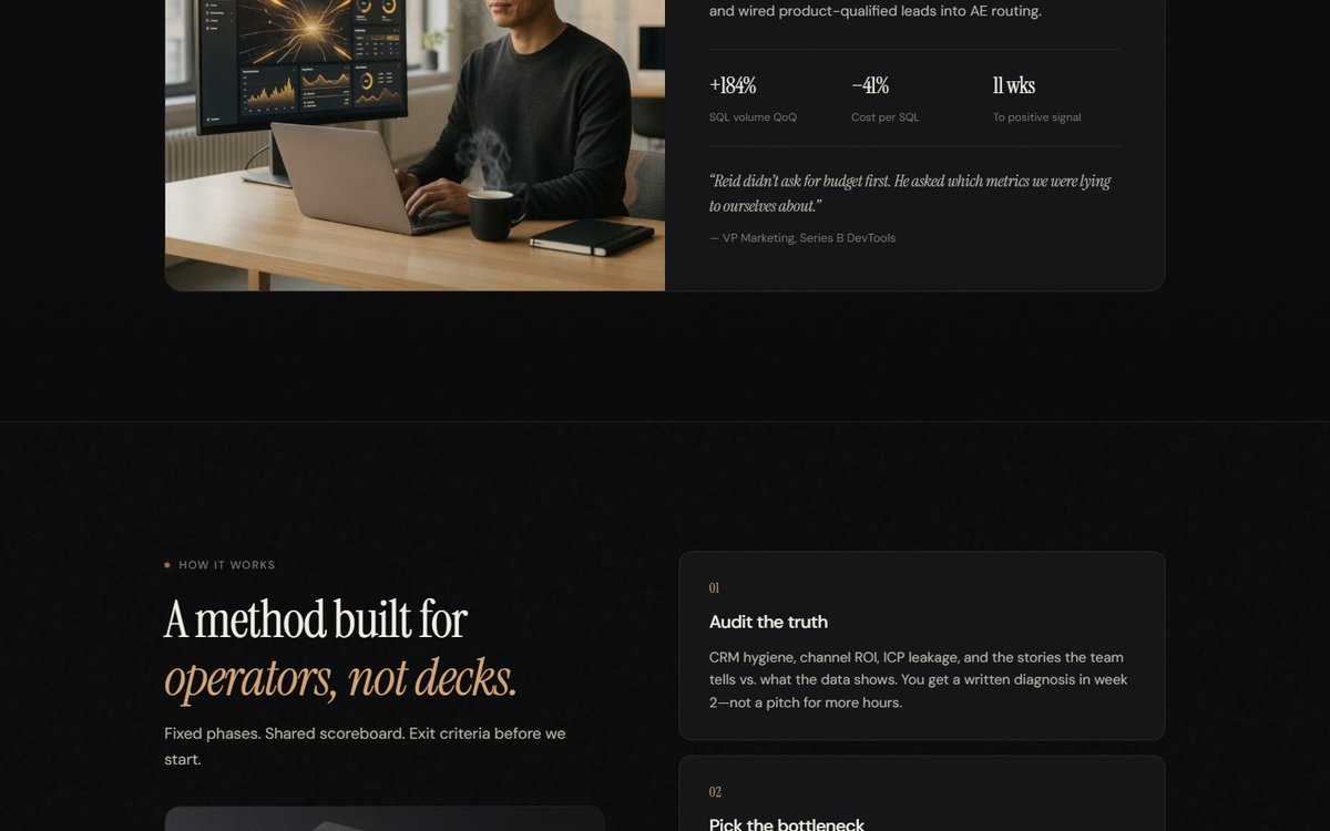 rohityin's tweet photo. I wanted to share a project I recently put built using Grok.

I gave the tool a prompt: "Build a freelance marketer site for skeptical B2B SaaS founders. No fluff, Full creative freedom."

Without using Figma or an agency, it generated a fully polished marketing site. Some of the highlights include:

  - A dark editorial design with a consistent AI portrait system
  - Proof metrics, case studies, an anti-pitch, and a fit checklist
  - Custom cursors, magnetic CTAs, scroll reveals, and real interactions
  - Copy written from an operator’s perspective rather than a standard growth brochure

It is a great example of what happens when you give the platform full creative freedom.

Built with @xai @grok