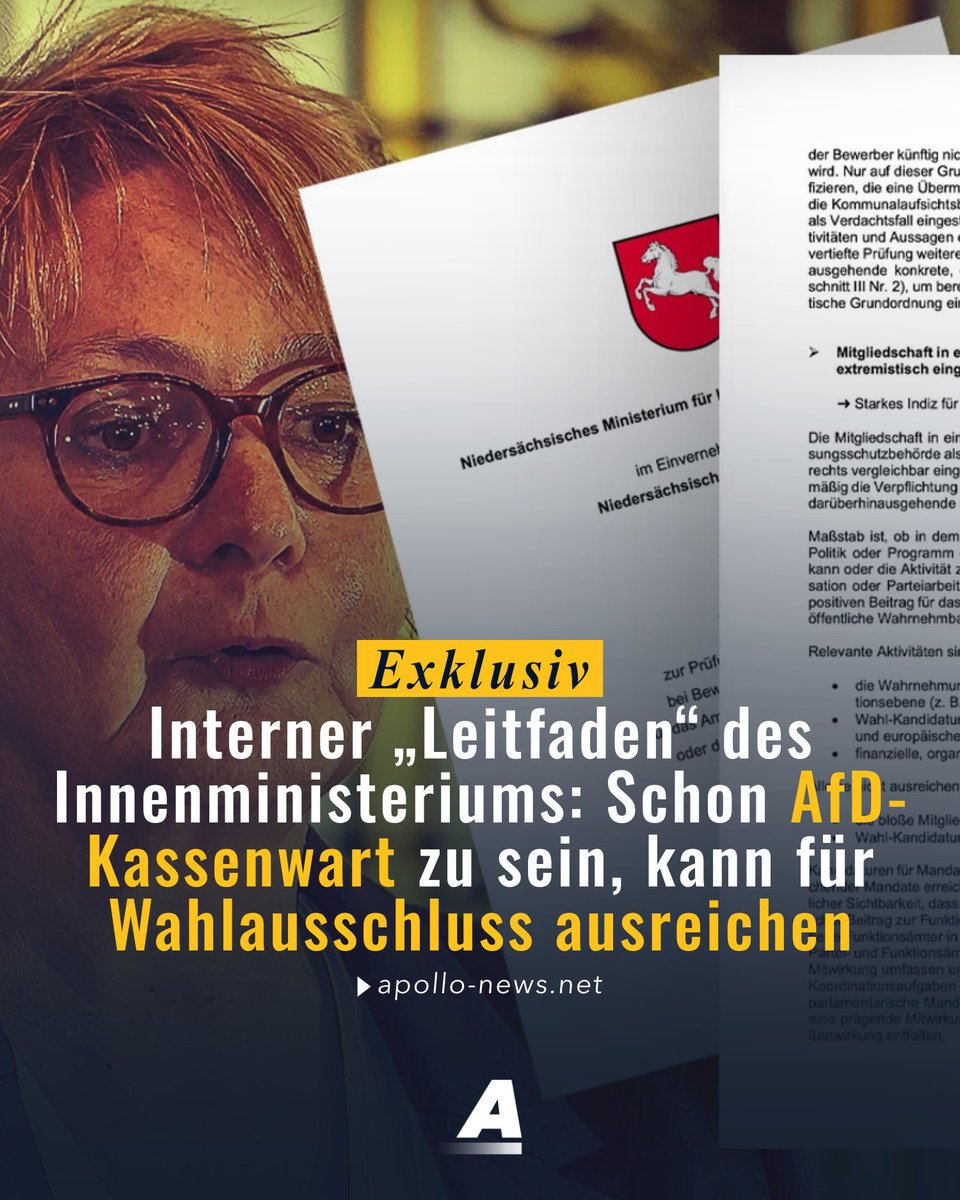 apollo_news_de's tweet photo. Wer als AfD-Mitglied an die Partei spendet, für sie Wahlkampf macht oder nur als „Kassenwart“ lokal in Erscheinung tritt, kann laut einem internen Leitfaden des niedersächsischen Innenministeriums, der Apollo News exklusiv vorliegt, deshalb schon von der Wahl ausgeschlossen werden.
https://t.co/9RBRS0hCfP