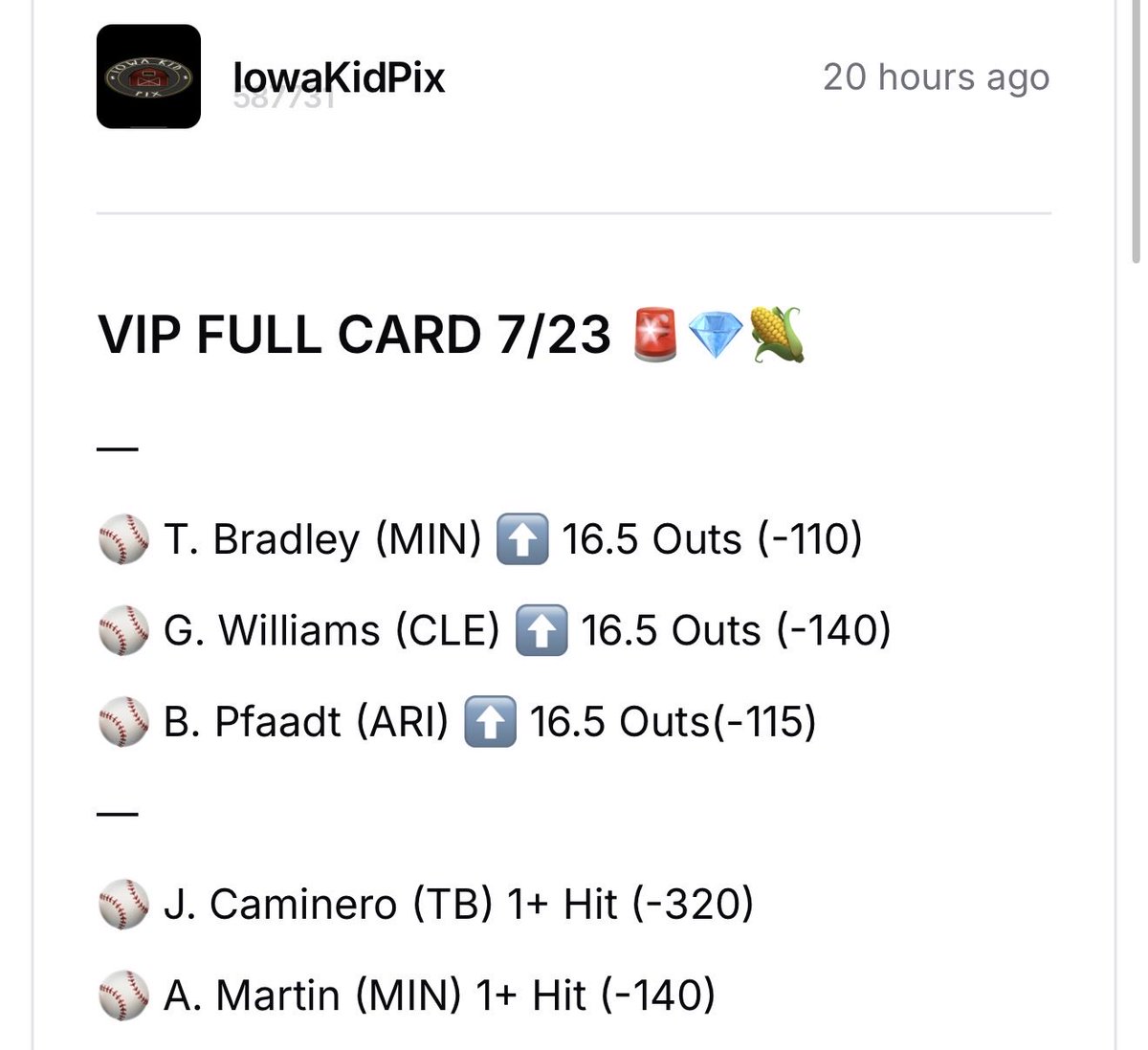 BettingPix's tweet photo. VIP CARD + REVIEW 7/23 📝💎🌽

3 - 2 (60%) 💸🤝

MLB Record: 407 - 169 (71%) 🤑

We won all the harder plays and couldn’t hit the easier ones, our batters let us down tonight! 🤷‍♂️

Get All The VIP Winners For A 30% Discount Using The Link Below 👇

https://t.co/8fWyc0pgPv https://t.co/pDGjkiecm1