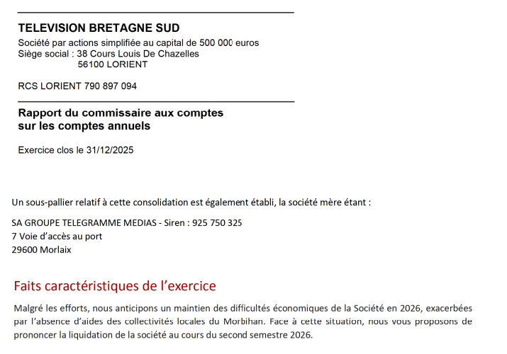 lachaineaudio's tweet photo. 🔴📺 Le grpe de presse @LeTelegramme annonce la mise en liquidation anticipée au 2nd semestre 2026 de sa sté Télévision Bretagne Sud, éditrice de sa chaine locale TNT #Tebesud, en raison d'une conjoncture éco défavorable (CA -52% entre 2021-2025 – pertes cumulées de 1,742M€) et l'absence de soutien (COM) des collect. locales du Morbihan !