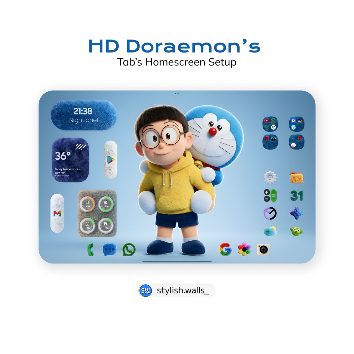 StylishWalls_'s tweet photo. Doreamon's Tab's Homescreen Setup📱💙✨
#homescreensetup

Launcher - Smart Launcher. @smartlauncher  

Widgets - One UI Fluffy Icons 

Icon Pack - One UI Fluffy Icons 

Wallpaper - https://t.co/MevCK1q7K1 https://t.co/aYYytaUGHB
