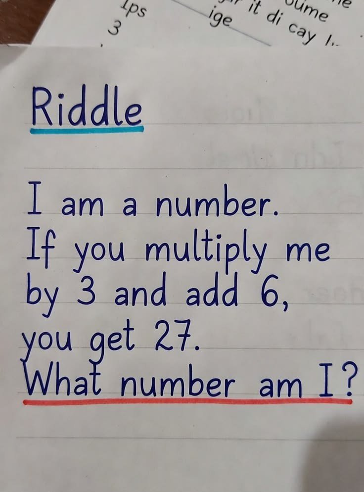 Jameschxhb's tweet photo. 🧠 Riddle

I am a number.  
If you multiply me by 3 and add 6,  
you get 27.  

What number am I? 👇 https://t.co/xqEon3onzr