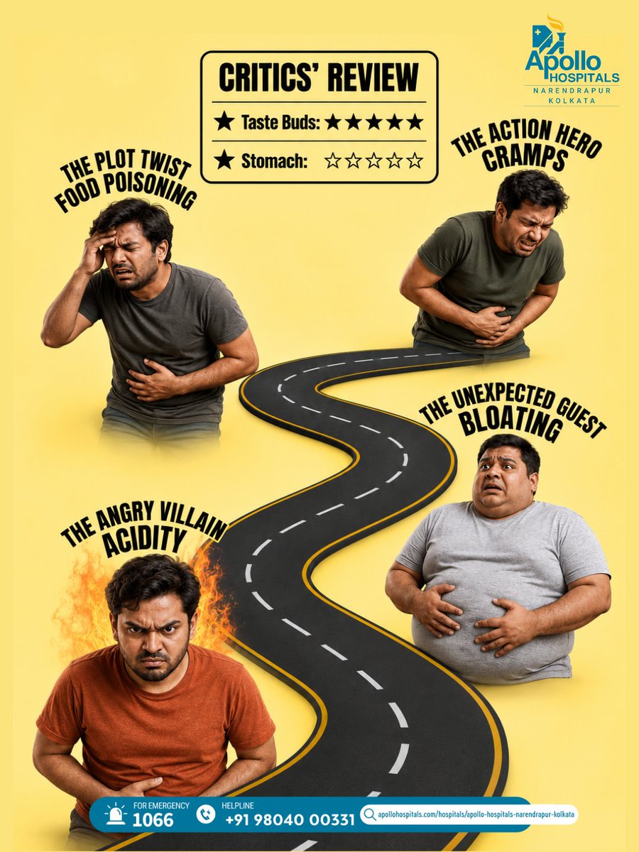 ANarendrapur's tweet photo. Now Showing: Street Food Saga🍜
⭐Taste Buds: 5/5 |🤢Stomach: 0/5
Cravings may love it, but your gut might not. Unhygienic food &amp; overeating can cause acidity, bloating &amp; infections. Persistent issues? Consult Gastro experts at Apollo Hospitals, Narendrapur. https://t.co/pqNgCoWhxc