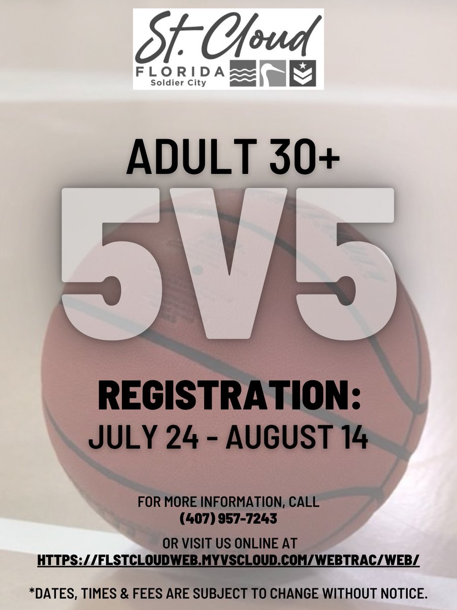 CityofStCloudFL's tweet photo. Registration opens today for the Adult 30+ 5v5 Basketball League! Games begin August 17. Players must be 30+ and register individually. Resident: $65 | Non-resident: $90.

Learn more and register: https://t.co/ebvKj8YDQ3

For more information, call 407-957-7243. https://t.co/SYbXYyPAPq