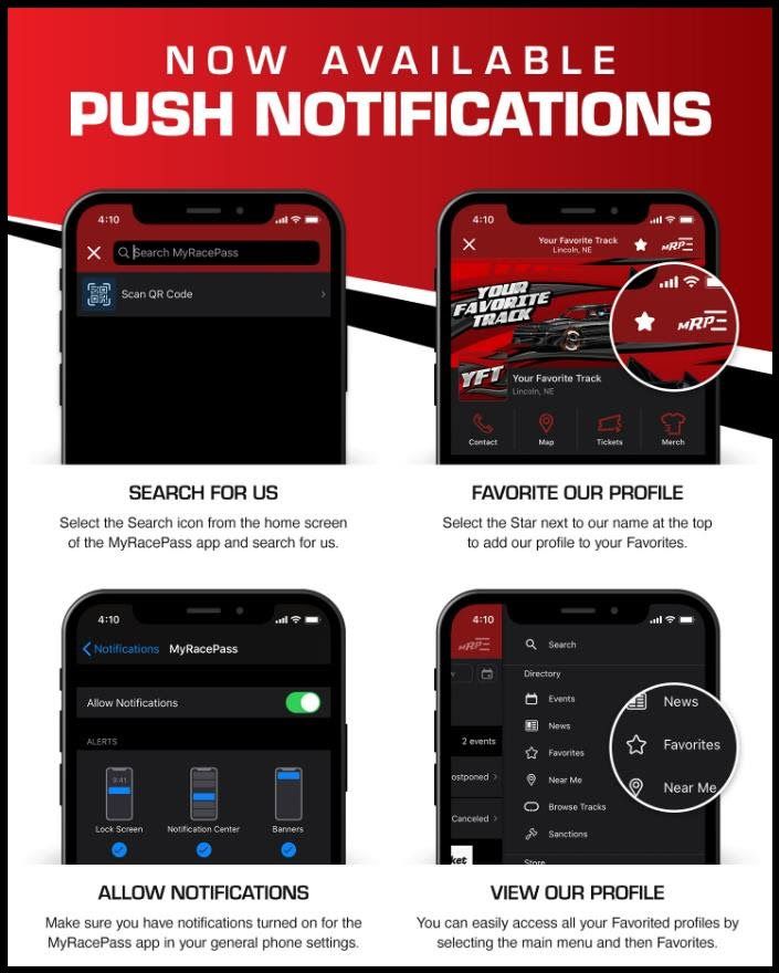 Addicted2DirtPR's tweet photo. .@MyRacePass Push Notifications are here!

Push notifications can be sent to your phone from the MRP App on iOS and Android devices. They are a great way to stay in the know about your favorite track, series, driver or sanction.

https://t.co/DejTrm58A1

#TeamMRP #GetTheApp https://t.co/im7utaBH6w