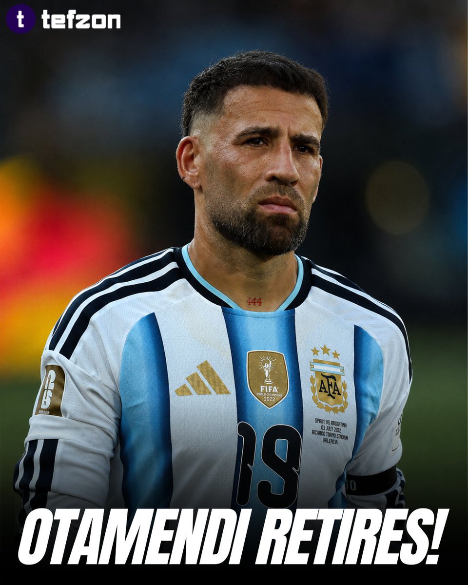 tefzon1's tweet photo. 🚨Nicolás Otamendi has retired from international football after Argentina's World Cup final defeat, ending a legendary career that brought one World Cup, two Copa América titles and the Finalissima.
Argentina legend? 👀💬
#football #otamendi #argentina #spain #tefzonsports https://t.co/WhGe04Q8IM