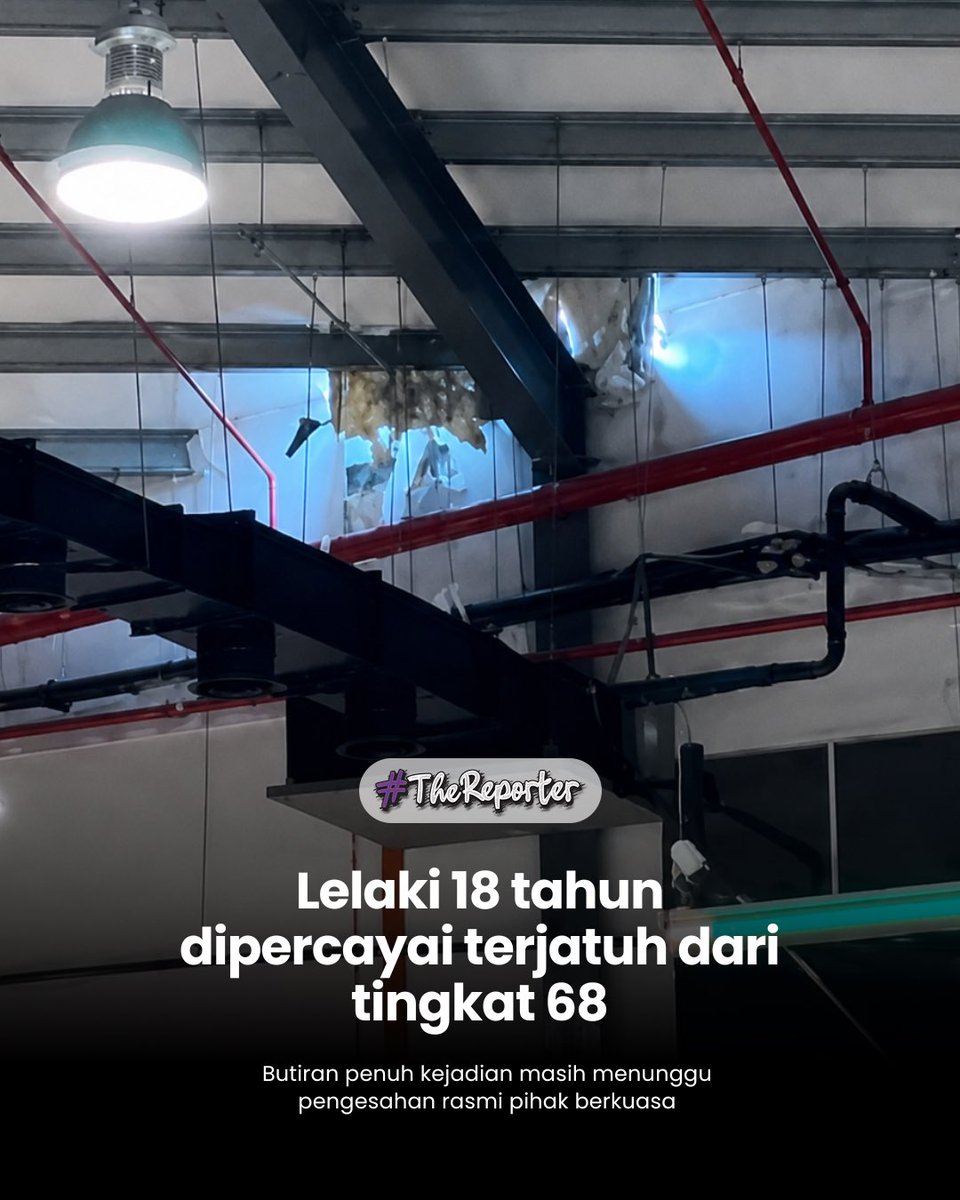 thereportermy's tweet photo. Seorang remaja lelaki berusia 18 tahun maut selepas terjatuh dari bahagian bumbung Komtar pada Jumaat, dengan polis kini menjalankan siasatan bagi mengenal pasti punca kejadian.

Ketua Zon 1 Jabatan Bomba dan Penyelamat Malaysia Pulau Pinang, Jamil Abdullah berkata, pihaknya menerima panggilan kecemasan pada jam 4.17 petang sebelum menemukan mangsa di atas bumbung podium. Mangsa turut memakai gelang tangan yang membolehkannya memasuki Komtar Skywalk.

Tujuh anggota bomba menggunakan tali dan pengusung untuk membawa turun mangsa berikutan lokasi yang sukar dicapai serta permukaan bumbung licin selepas hujan. Mangsa berjaya dibawa turun pada jam 6.11 petang sebelum disahkan meninggal dunia oleh petugas Kementerian Kesihatan.