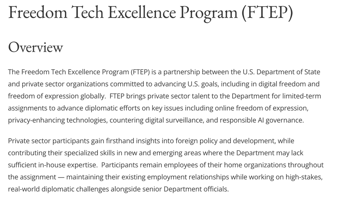 bitcoinpolicy's tweet photo. We are proud to announce that BPI is a founding partner in the @StateDept's new Freedom Tech Excellence Program.

FTEP brings private sector experts like BPI into the State Department to advance diplomatic efforts on key issues including online freedom of expression, privacy-enhancing technologies, countering digital surveillance, and responsible AI governance. 

BPI employees will be given assignments to work alongside state department experts and defend digital freedoms around the world. 

For years, BPI has made the case that freedom tech belongs at the center of American foreign policy. Tools like encryption and open monetary networks protect dissidents, journalists, and ordinary people living under authoritarian regimes. 

This conversation is just getting started. Join us at Freedom Tech DC, our summit in Washington, September 22-23, where policymakers, builders, and researchers will map what comes next for freedom tech in U.S. policy. Learn more at https://t.co/4whBI6wqZ2
