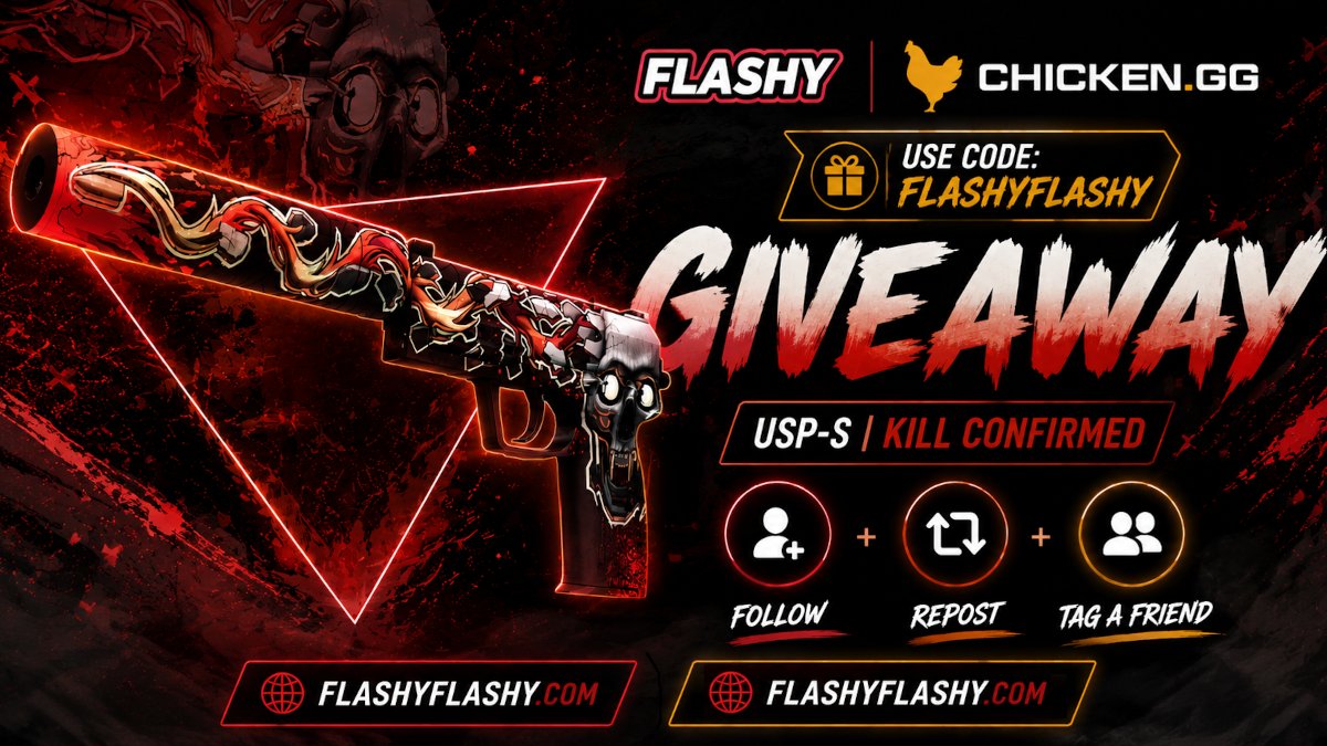 flashyflashycom's tweet photo. WKND GIVEAWAY !!! USP-S Kill Confirmed !

To win:
✅ Visit &amp; log in: https://t.co/rBluKUYcNg
✅ Visit for free codes: https://t.co/Fonu6Ev9f2
✅ Retweet
✅ Tag a friend 
✅ Follow us &amp; @chickendotgg https://t.co/sy2P1rFpMs