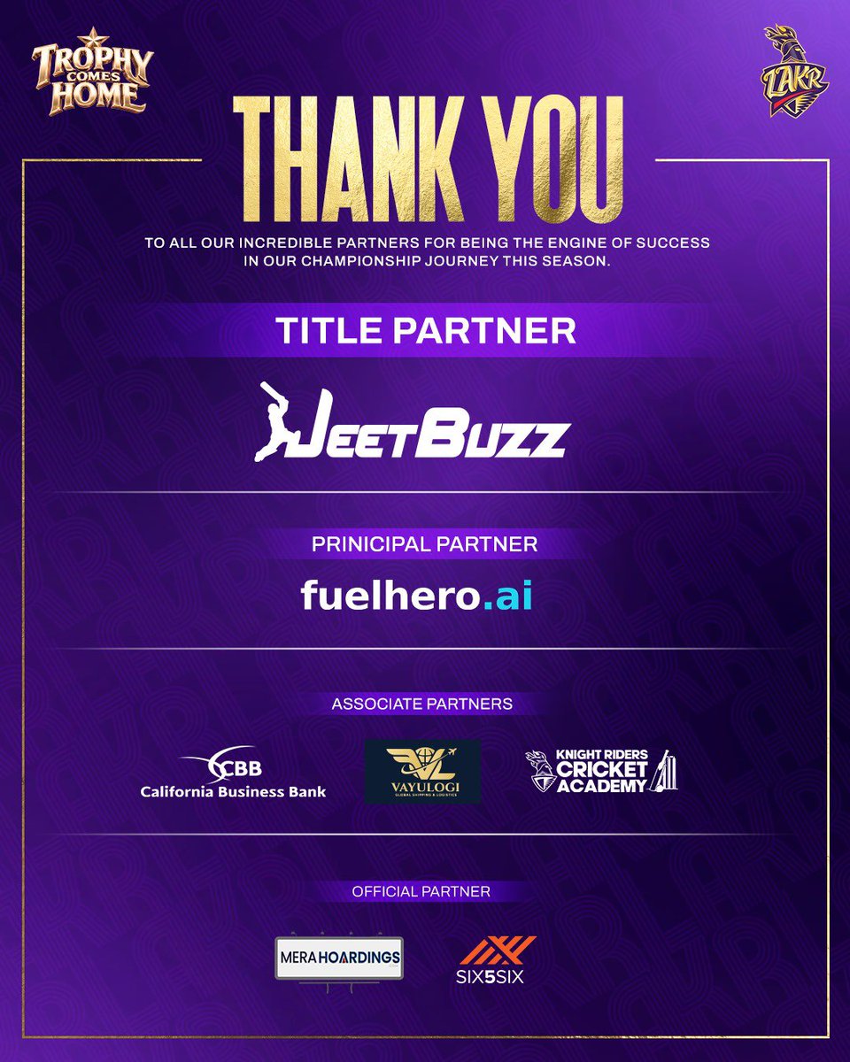 LA_KnightRiders's tweet photo. A heartfelt thank you to all our sponsors for being part of our incredible journey to the #MLC26 Championship πβ¨
#WeAreLAKR | #LAKnightRiders https://t.co/dymin3xW0d
