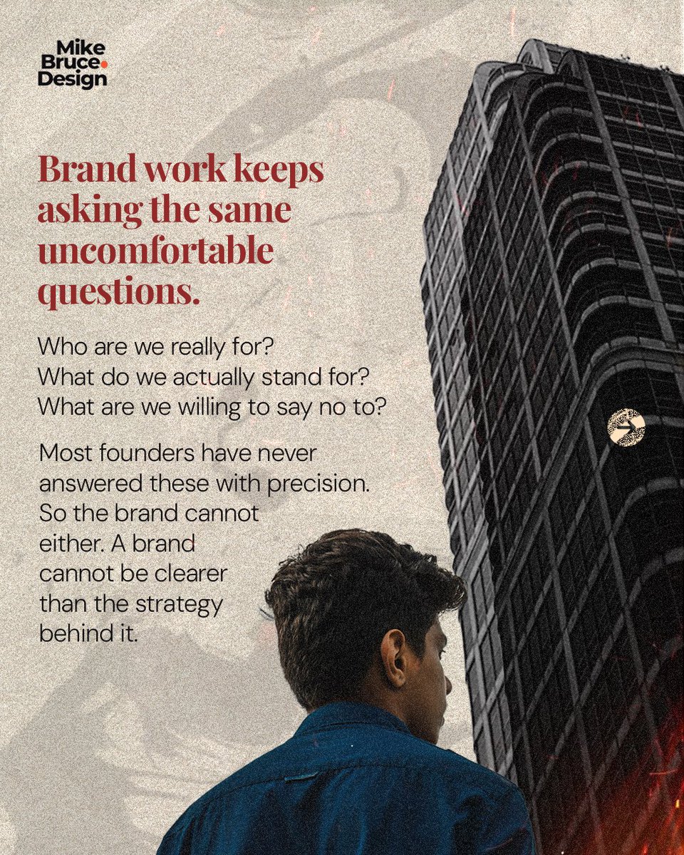 MikeBruceDesign's tweet photo. You don’t have a brand problem.

You have a decision problem.

Because a brand can only be as clear
as the strategy behind it.

If your messaging feels inconsistent and your audience “doesn’t get it”…

It’s not a design issue.

It’s a lack of decisive thinking. https://t.co/AIjvTjUppb