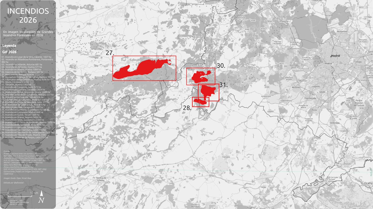 eforestal's tweet photo. Situación 12:00 h del 24/07/2026 de 
#IFSierraOeste  (#Madrid [#IFSanMartíndeValdeiglesias-#IFVilladelPrado])  
y #IFBurgohondo (#Ávila)
Más el #IFAlmorox (#Toledo)

Actualizaciones y evolución de todos los Grandes Incendios Forestales en 🇪🇸España 2026: 
https://t.co/OcFbNjazra https://t.co/XBwsLzb22H