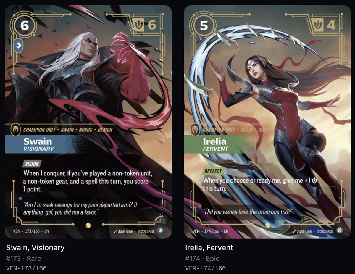 CCGSmith's tweet photo. Looking to look through @playriftbound Vendetta cards and get updates on TCGPlayer market prices daily?

Catch them all laid out at:
https://t.co/imOiTrp1an

In the mean time, check out all the 11 sets of Vendetta rivalry pairs. https://t.co/5GNufTzRwH